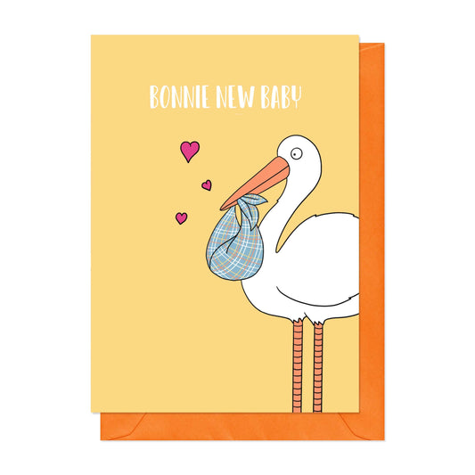 New baby card with a stock carrying a Scottish blanket