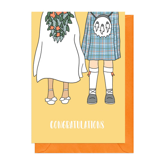 Yellow card with a bride and groom wearing a kilt
